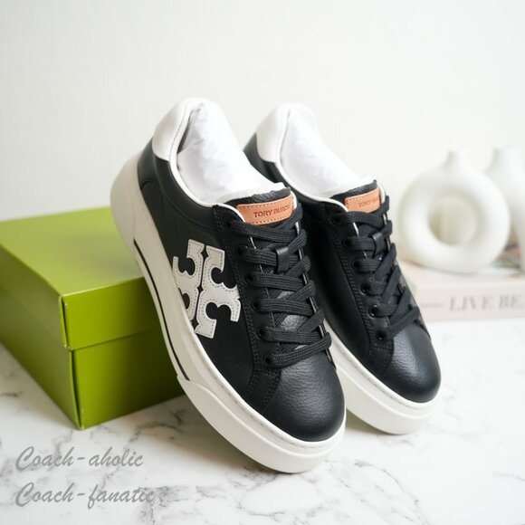 NIB Tory Burch Signature Color Block Platform Leather Sneaker Shoes in Black - Picture 1 of 12